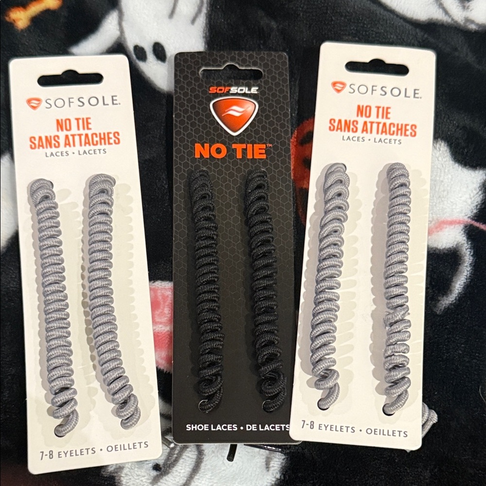 SofSole No Tie Shoe Laces, fits 7-9 eyelets! New in package. 2 gray 1 black